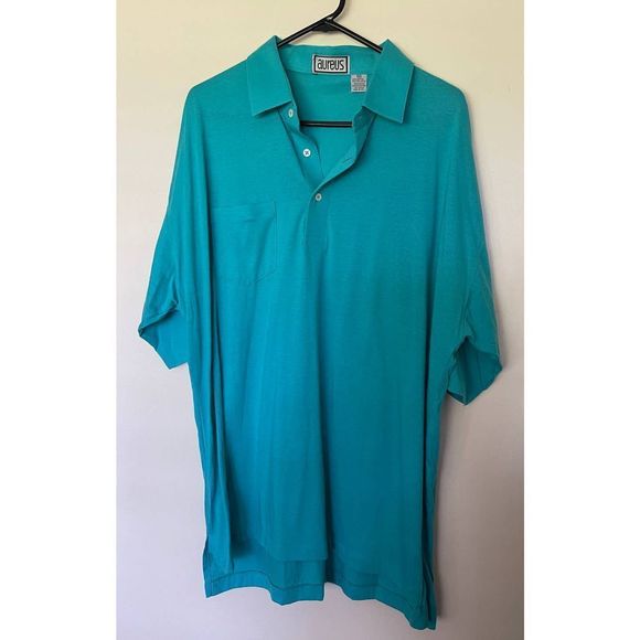 VTG Aureus Mens Single‎ Stitch XXL Teal Blue Polo Shirt Embroidered Sleeve - Picture 3 of 5
